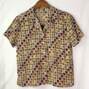 vintage geometric squares casual button up blouse with attached tank top [0319]